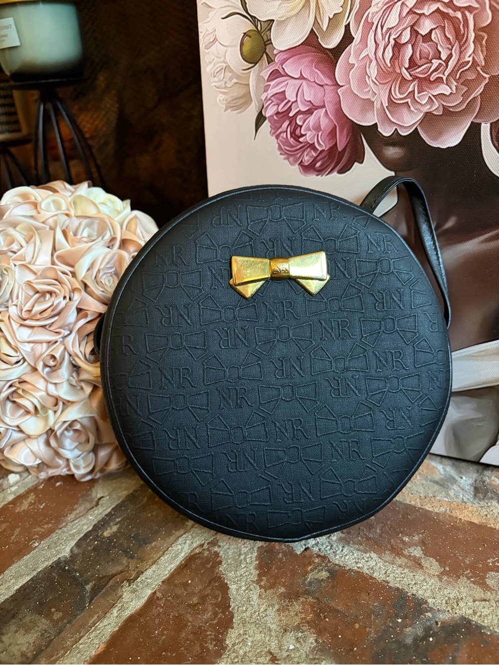 Nina Ricci Black Round Crossbody with Gold Bow Accent with  COA